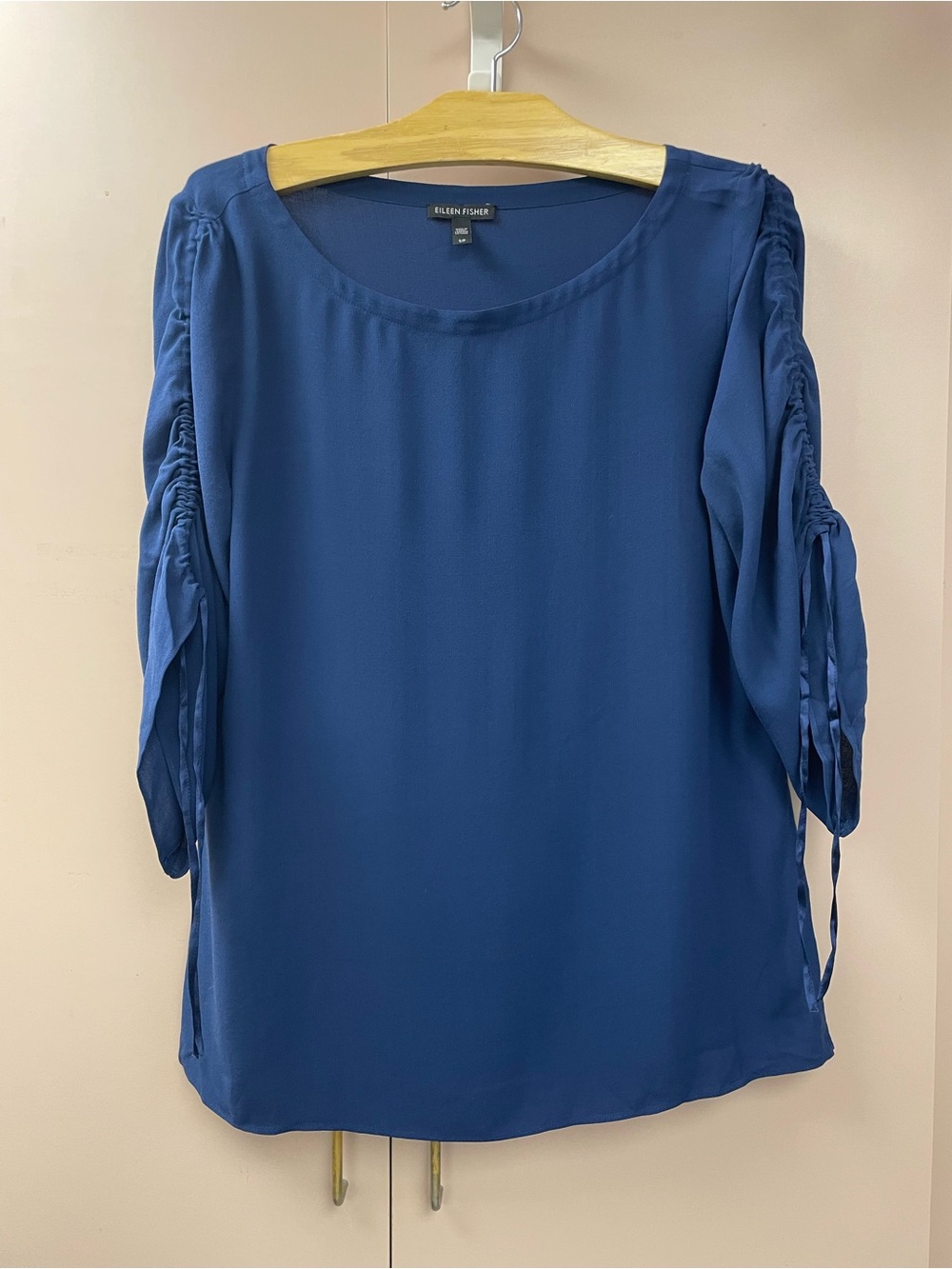 Eileen Fisher 100% Silk Blue Ruched Drawstring Sleeve Blouse Top Small